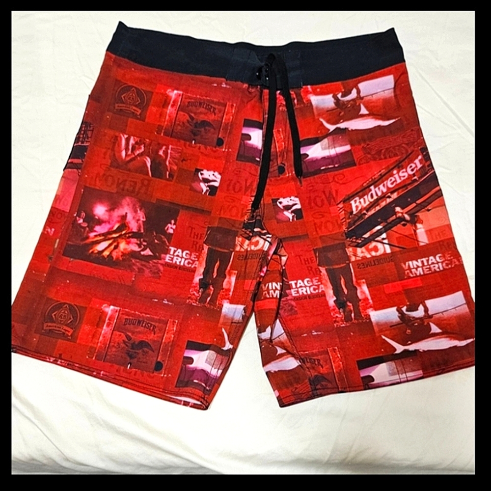 BUDWEISER Beer VINTAGE Men's Red/Black Swim Board Shorts Sz 36-38